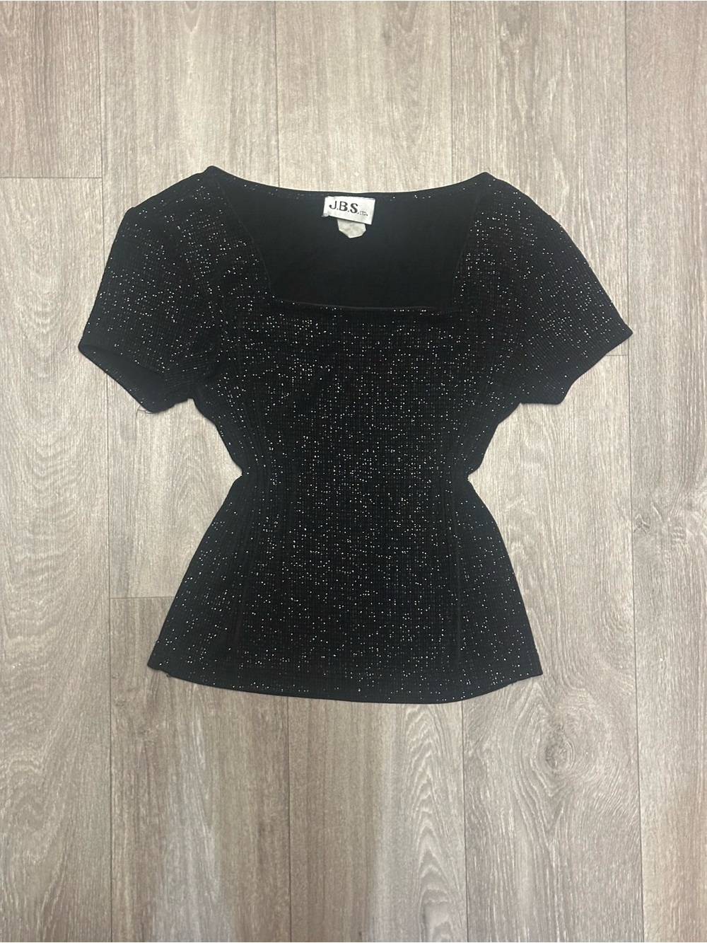 J.B.S. Black Sparkle Short Sleeve Peplum Top with Square Neckline